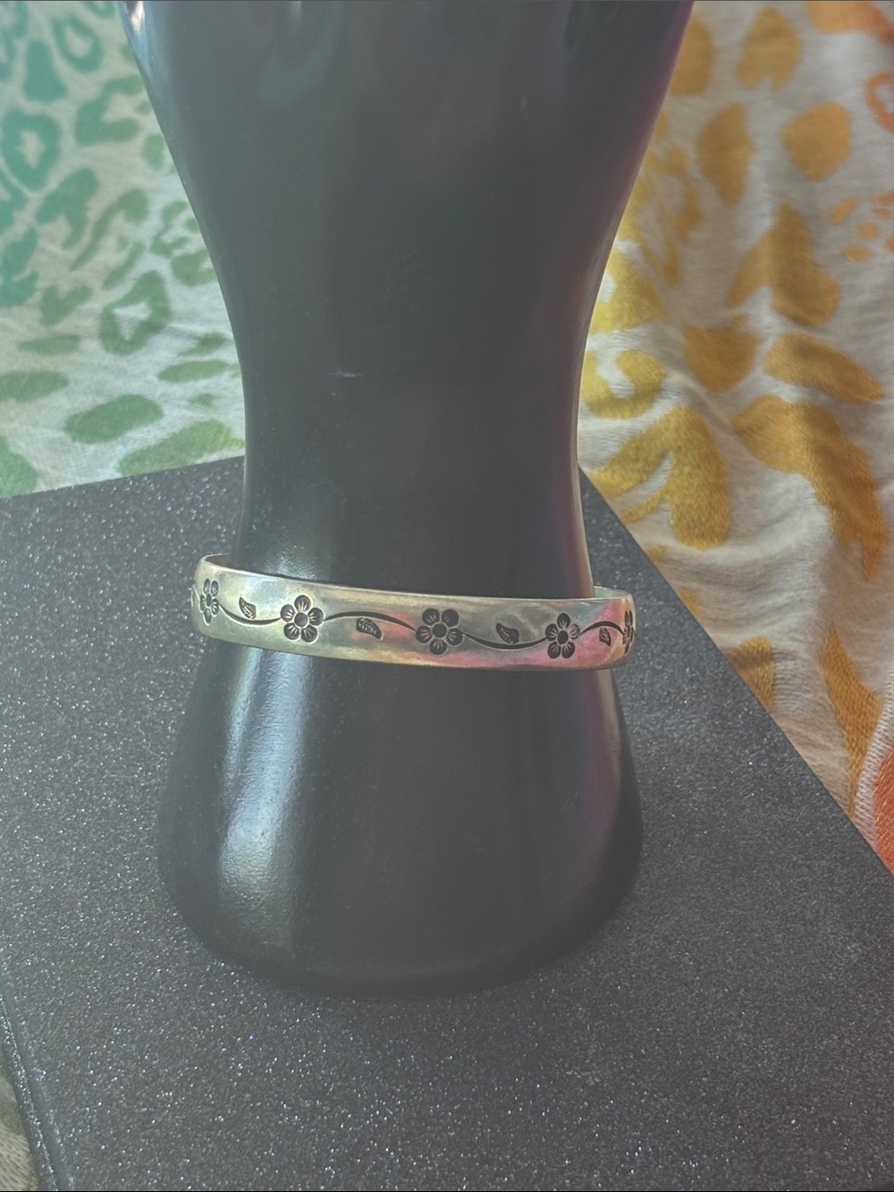 Silver Flower engraved  adjustable Cuff Bracelet